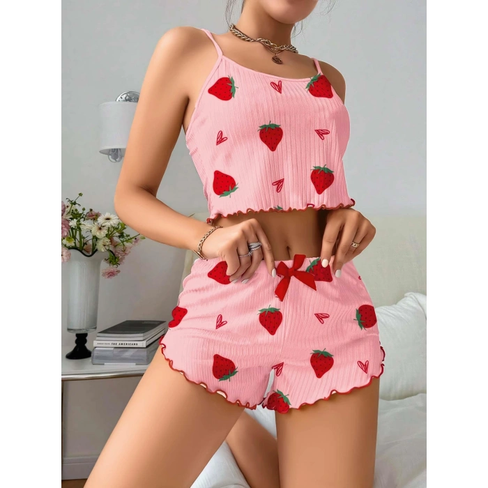 Giyim Kadın Pembe Çilek Desenli Şortlu Pijama Takımı 5056