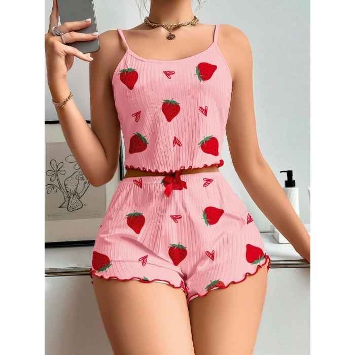 Giyim Kadın Pembe Çilek Desenli Şortlu Pijama Takımı 5056