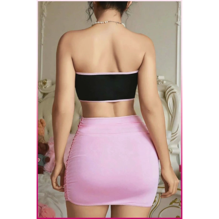 Giyim Kadın Pembe Ekose Etekli Seksi Kostüm