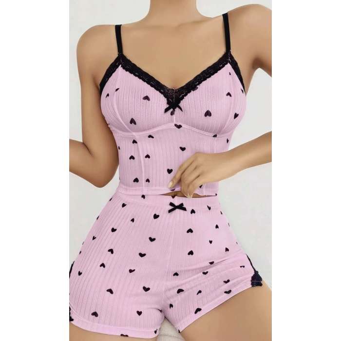 Giyim Kadın Pembe Kalp Desenli Askılı Şortlu Pijama Takımı Rahat Şık 2’li Set