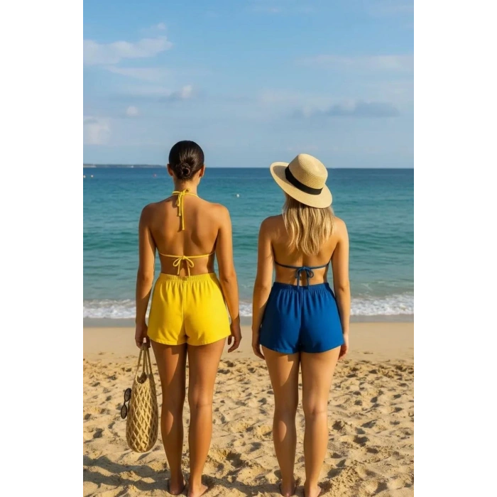 Giyim Kadın Sarı Ve Mavi Şortlu Belden Ve Boyundan Bağlamalı Bikini Takımı