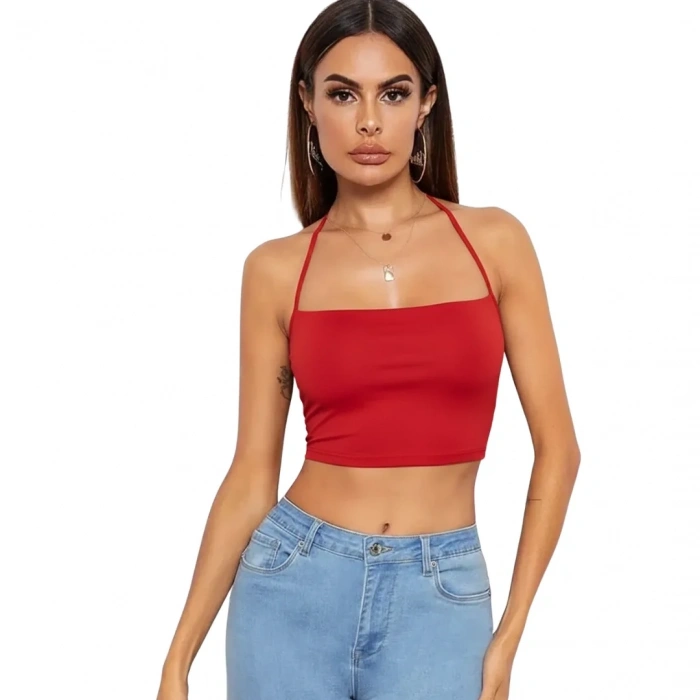 Giyim Kadın Sırtı Açık Kırmızı Belden Bağlamalı Crop Büstiyer