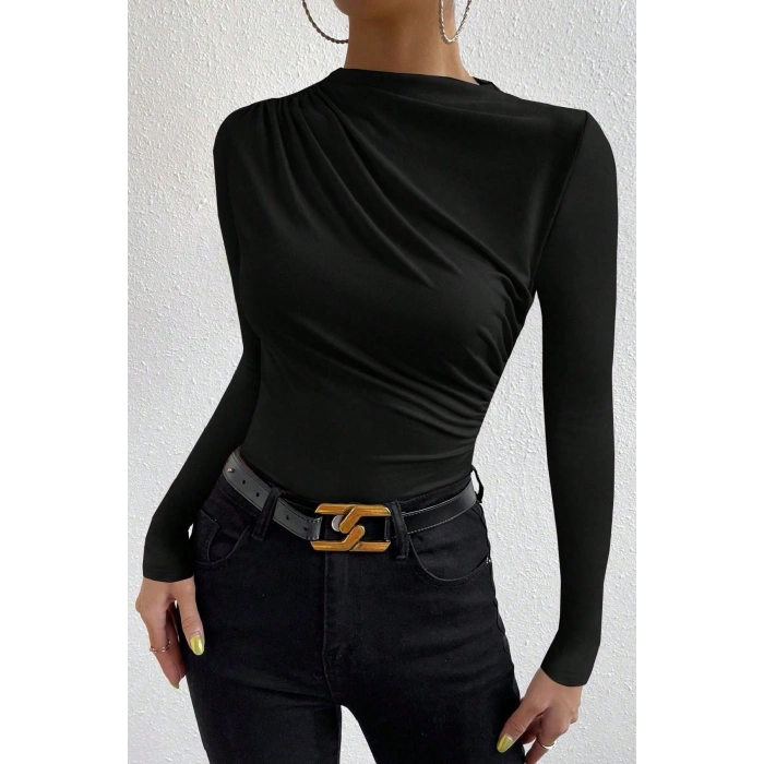 Giyim Kadın Siyah Belden Ve Boyundan Büzgü Detaylı Uzun Kollu Bluz