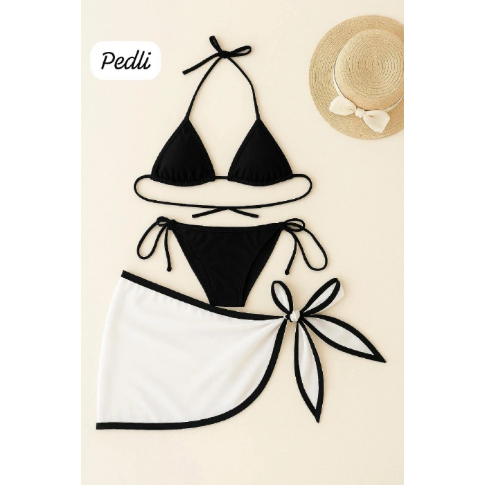 Giyim Kadın Siyah Beyaz Pareolu Yandan Ve Boyundan Bağlamalı 3lü Bikini Takımı