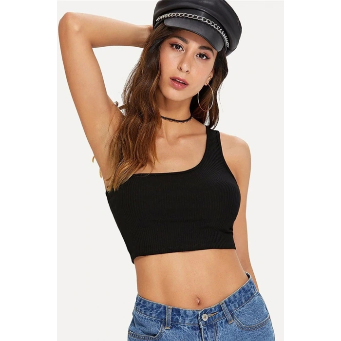 Giyim Kadın Siyah Fit Görünümlü Tek Omuz Crop Top Büstiyer
