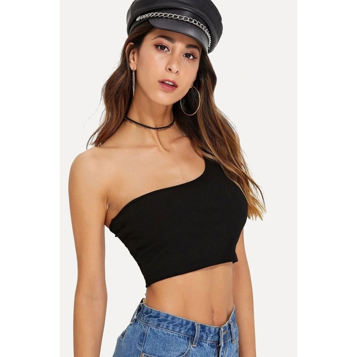 Giyim Kadın Siyah Fit Görünümlü Tek Omuz Crop Top Büstiyer