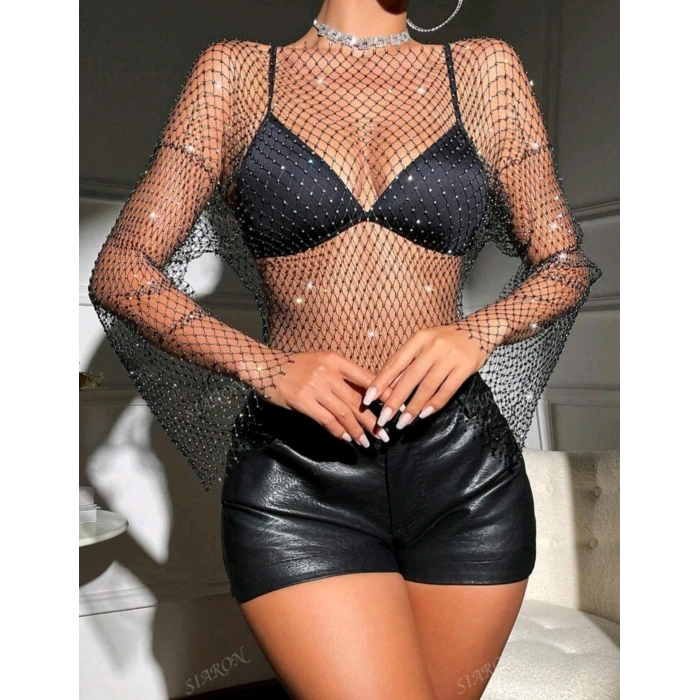 Giyim Kadın Siyah Kristal Taşlı File Crop