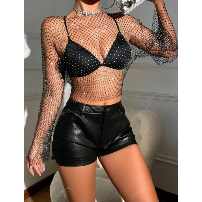 Giyim Kadın Siyah Kristal Taşlı File Crop