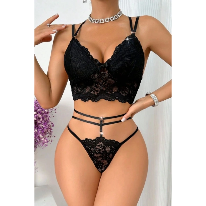 Giyim Kadın Siyah Modern Cut-out Çift Askılı Tangalı Fantezi Takım