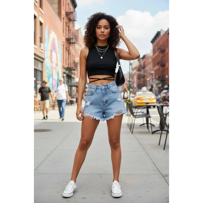 Giyim Kadın Siyah Modern Fit Çapraz Bağlamalı Crop Top Büstiyer