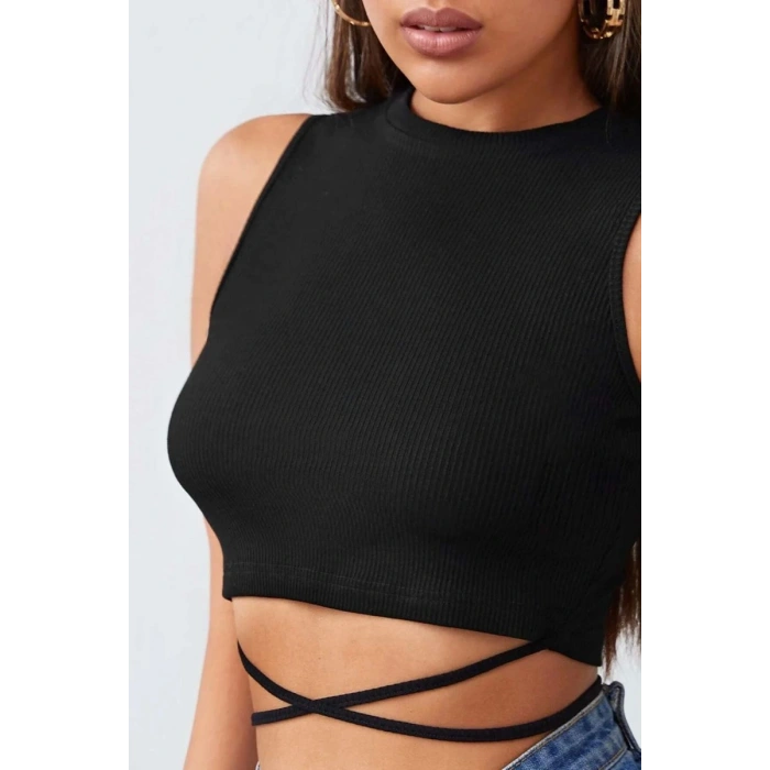 Giyim Kadın Siyah Modern Fit Çapraz Bağlamalı Crop Top Büstiyer