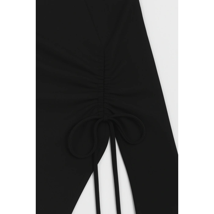 Giyim Kadın Siyah Uzun İspanyol Kollu Asimetirik Yaka Yandan Bağlamalı Drapeli Bluz