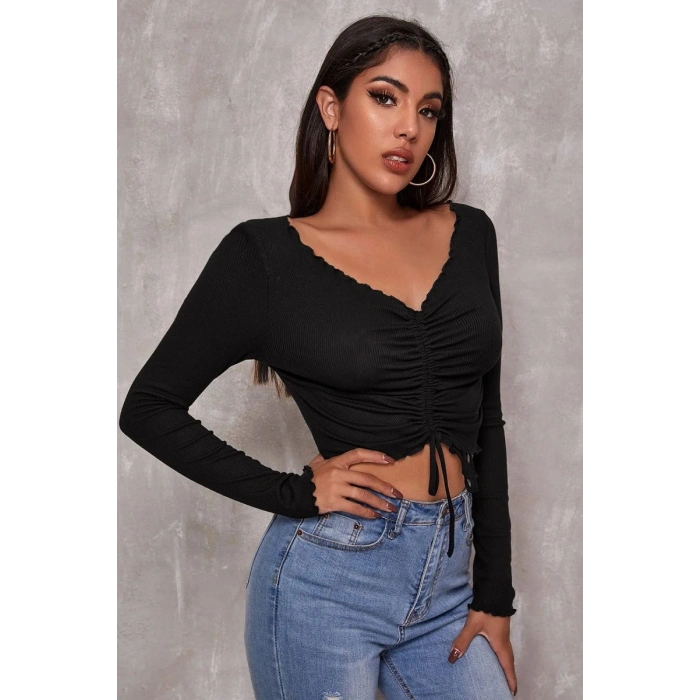 Giyim Kadın Siyah Uzun Kol Drapeli Bağcık Detaylı Crop Top Bluz