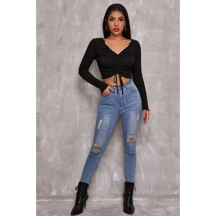 Giyim Kadın Siyah Uzun Kol Drapeli Bağcık Detaylı Crop Top Bluz