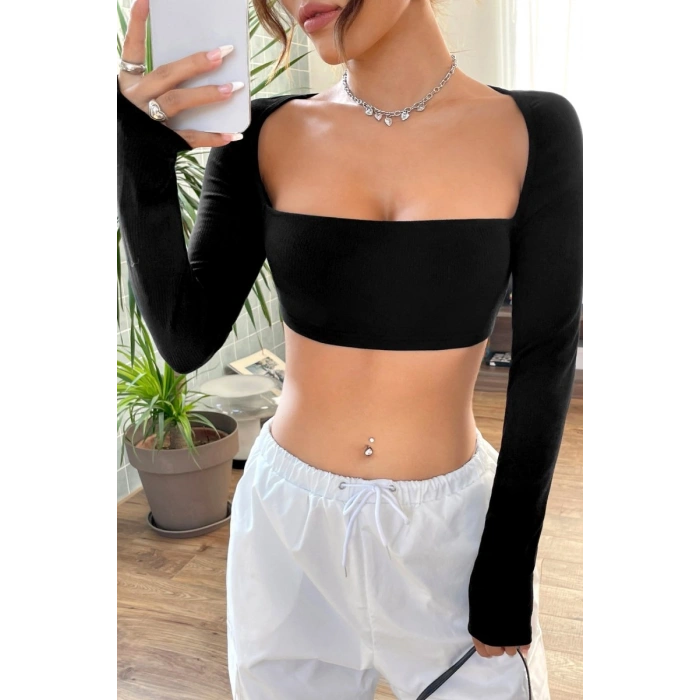 Giyim Kadın Siyah Uzun Kol Göğüs Ve Sırt Dekolteli Crop Top Bluz