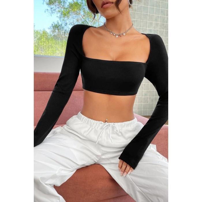 Giyim Kadın Siyah Uzun Kol Göğüs Ve Sırt Dekolteli Crop Top Bluz