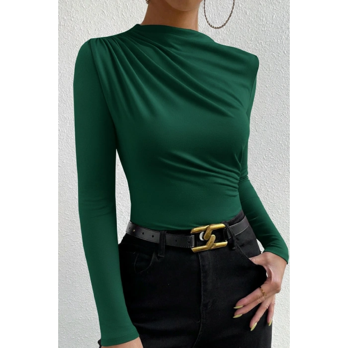 Giyim Kadın Yeşil Belden Ve Boyundan Büzgü Detaylı Uzun Kollu Bluz