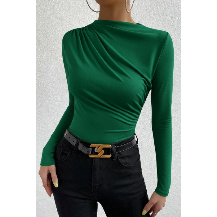 Giyim Kadın Yeşil Belden Ve Boyundan Büzgü Detaylı Uzun Kollu Bluz