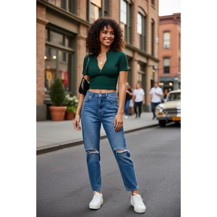 Giyim Kadın Yeşil Fermuar Detaylı Modern Kesim Crop Bluz