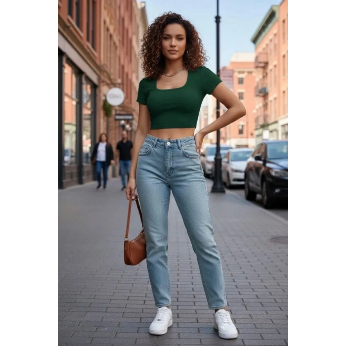 Giyim Kadın Yeşil Şık Kesim Yarım Kol Crop Bluz