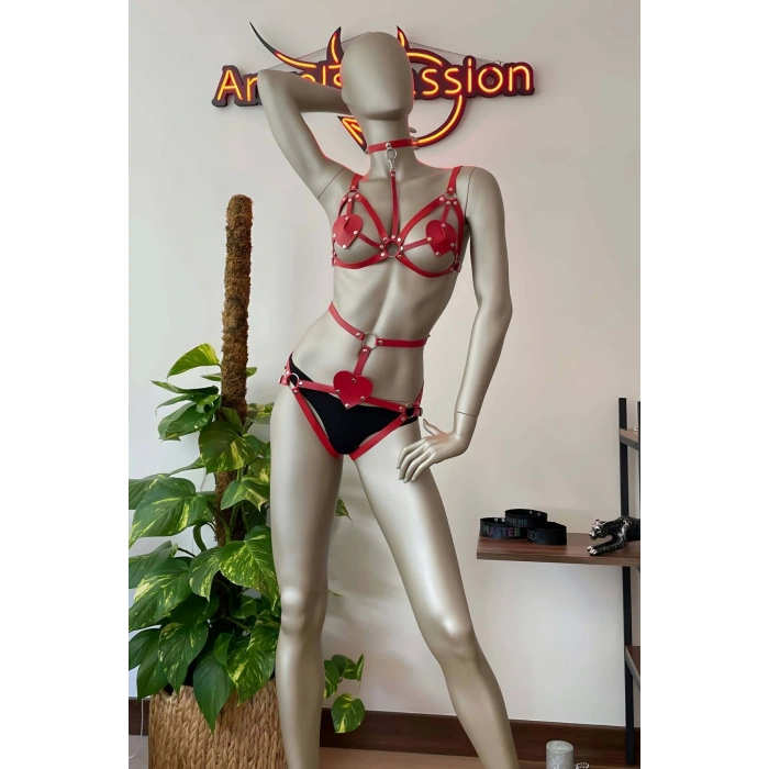 Giyim Kalp Detaylı Kırmızı Deri Harness Takım - Brf467