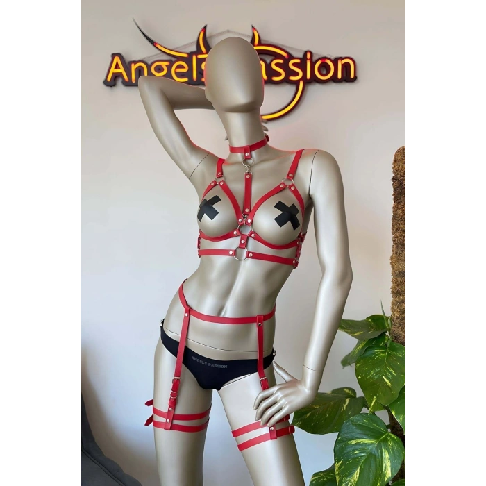 Giyim Kırmızı Deri Göğüs Üzeri Harness Ve Jartiyer Harness