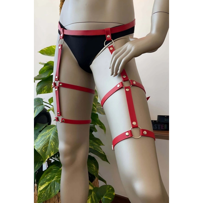 Giyim Kırmızı Deri Jartiyer Harness