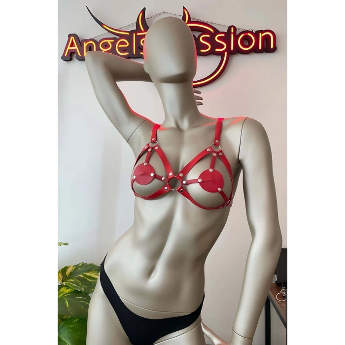 Giyim Kırmızı Deri Sütyen Harness