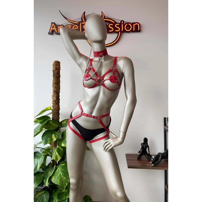 Giyim Kırmızı Deri Tasma Detaylı Şık Harness Takım