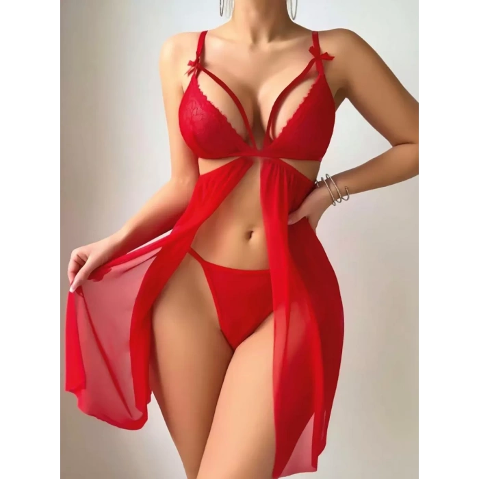 Giyim Kırmızı Göğüs İp Detaylı Dantel İşlemeli Tül Gecelik