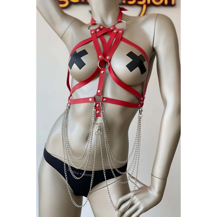 Giyim Kırmızı Göğüs Üzeri Seksi Erotik Harness