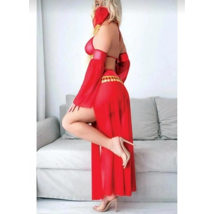 Giyim Kırmızı Peçeli Dansöz Kıyefeti