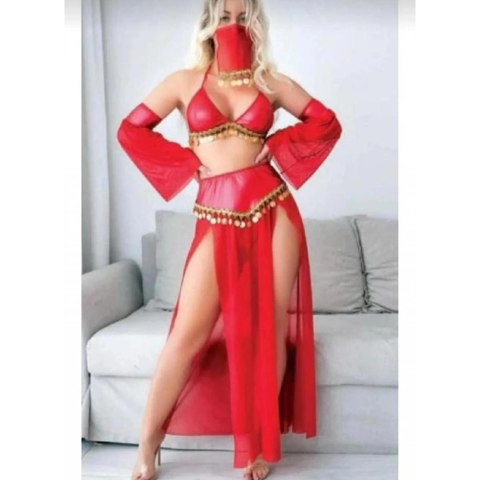 Giyim Kırmızı Peçeli Dansöz Kıyefeti