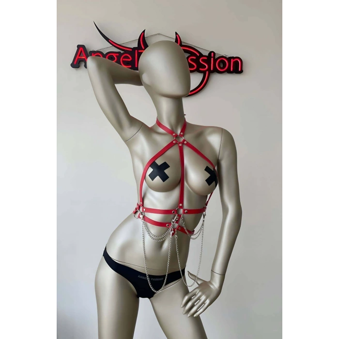 Giyim Kırmızı Ve Zincir Detaylı Şık Deri Harness - Brf3