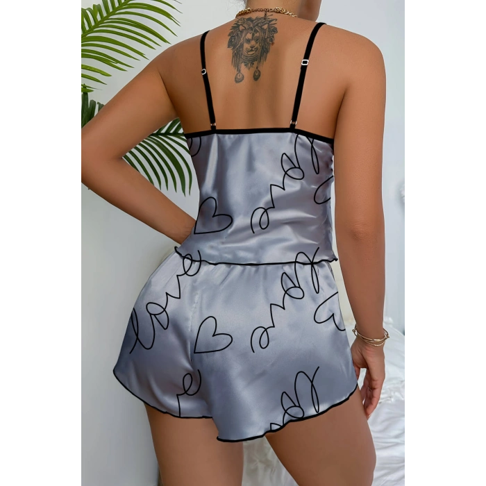 Giyim Love Baskılı Gri Saten Şortlu Gecelik Takım