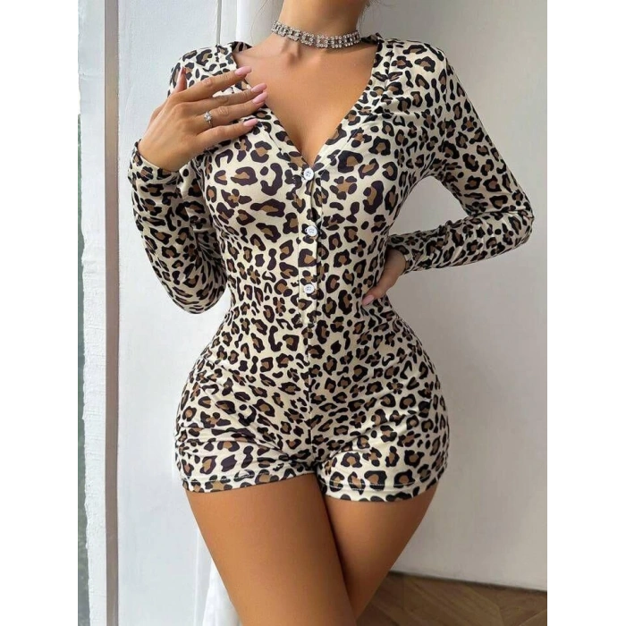 Giyim Pamuklu Leopar Desenli Düğmeli Uzun Kol Tulum Pijama
