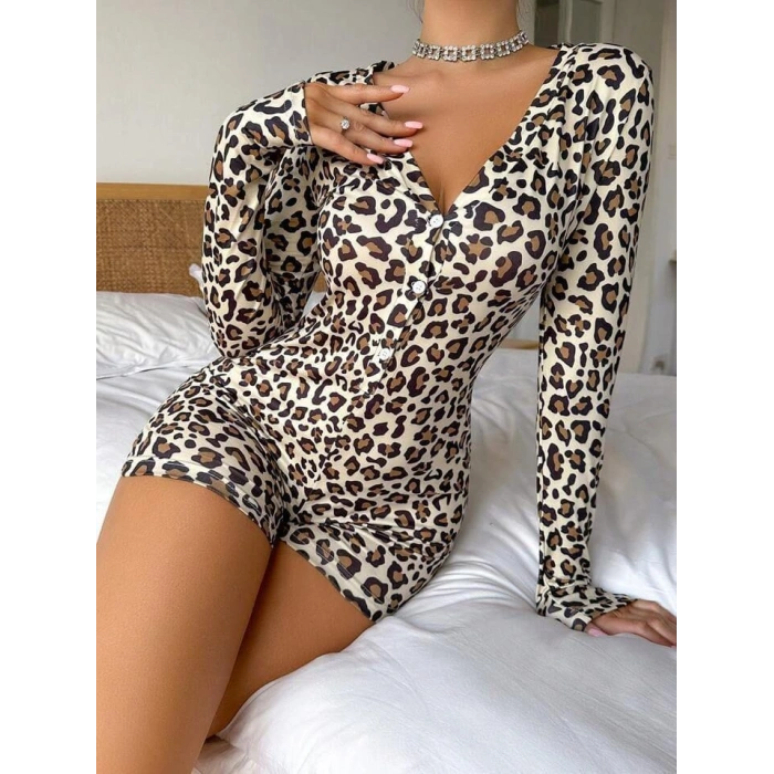 Giyim Pamuklu Leopar Desenli Düğmeli Uzun Kol Tulum Pijama