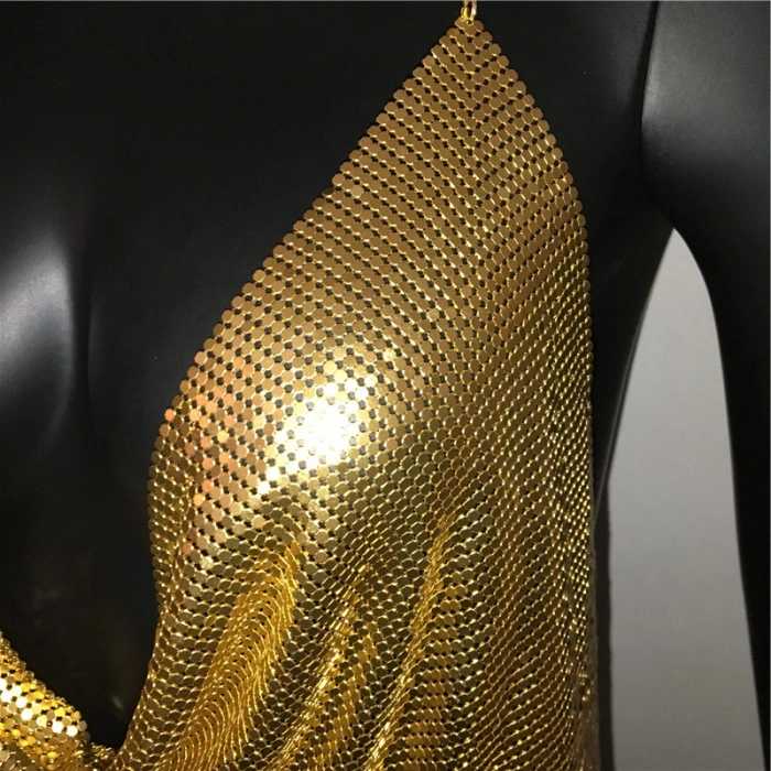 Giyim Parlak Gold Crop & Bluz Kolsuz Kayık Yaka Zırh Büstiyer