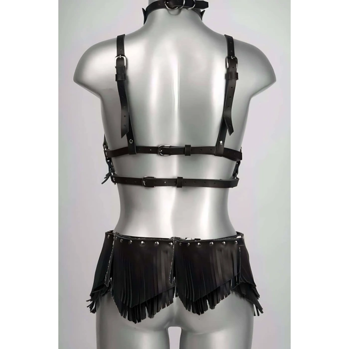 Giyim Püskül Detaylı Şık Deri Harness Takım - Brf627