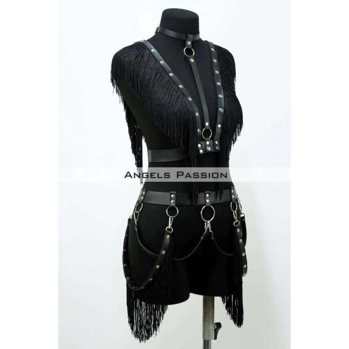Giyim Püslüllü Deri Harness Takım, Püsküllü Elbise Aksesuarı - Brf768