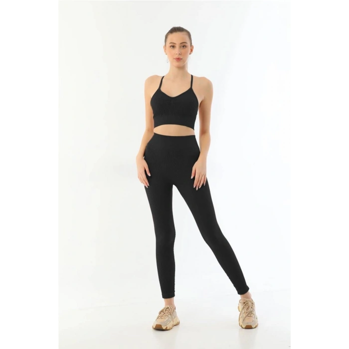 Giyim Siyah  3921 Soft Seamless Ripli Tayt Yoga Takımı