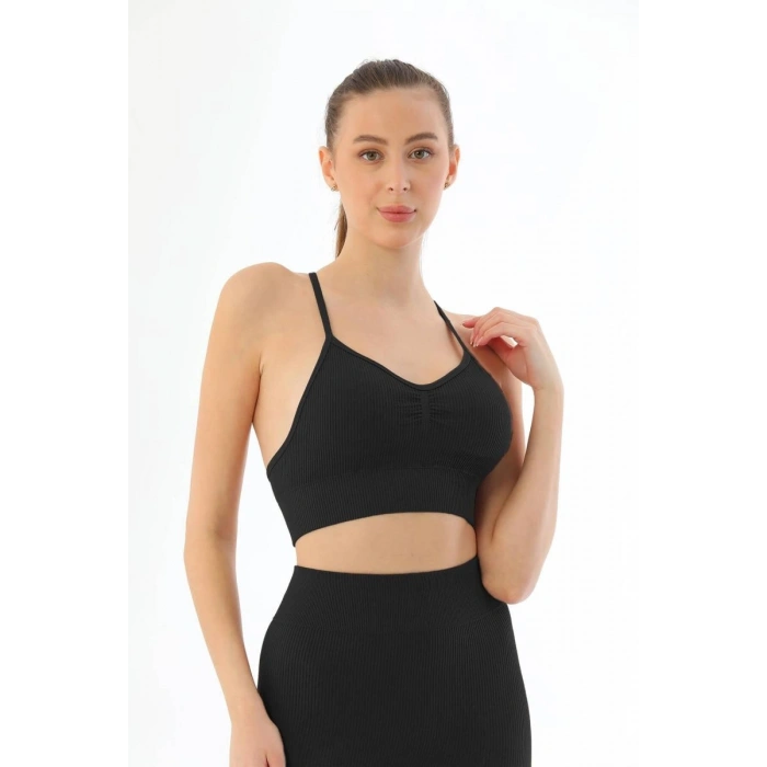 Giyim Siyah  3921 Soft Seamless Ripli Tayt Yoga Takımı