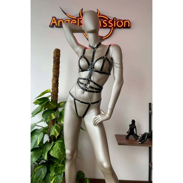 Giyim Siyah Deri Korse Harness Takım - Brf299