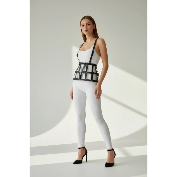 Giyim Siyah Etek Deri Bantlı Yapısal Kafes - Brf1252