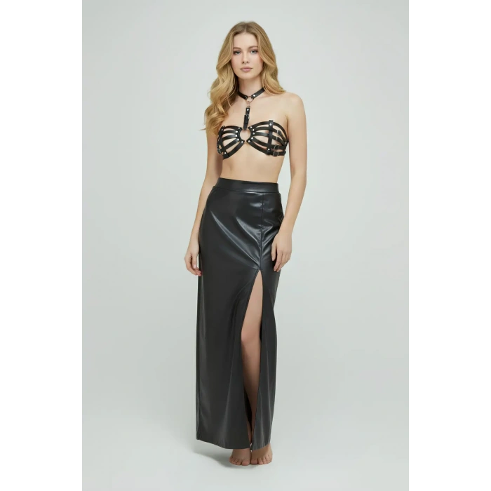 Giyim Siyah Göğüs Harness Deri Kafes Detaylı Bralet - Brf224