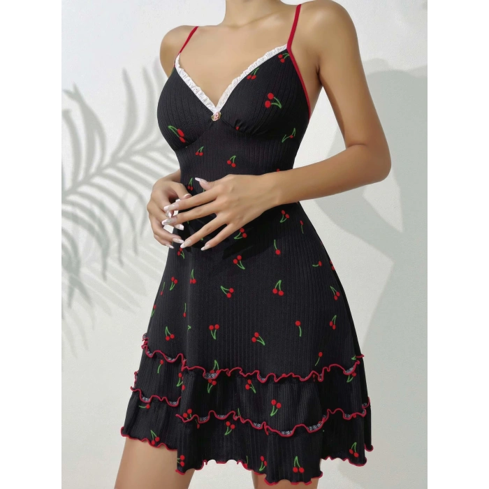 Giyim Siyah Kiraz Baskılı  Akılı Gecelik 5110