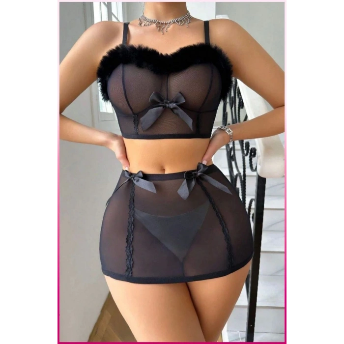 Giyim Siyah Tül Kurdele Detaylı Seksi İç Giyim Seti
