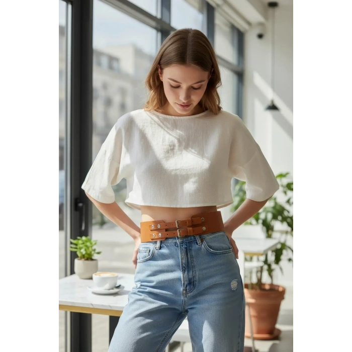 Giyim Taba Kadın Kemer Kalın Çift Tokalı Bel Aksesuarı - Brf1203