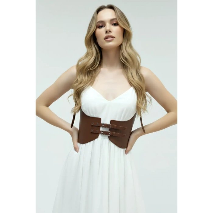 Giyim Taba Renk Kalın Kadın Kemeri, Deri Kemer Harness - Brf605