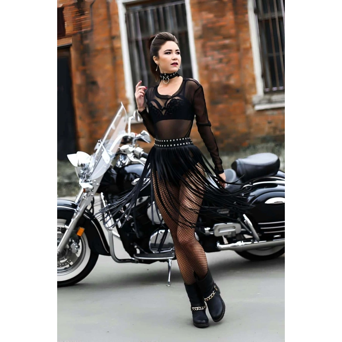 Giyim Uzun Deri Püsküllü Etek - Brf411